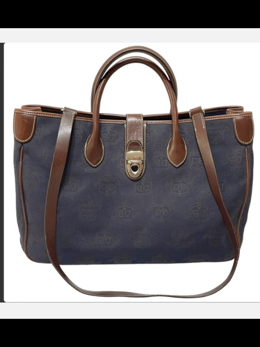 718-Dooney & Bourke Navy DB Logo Tote with Brown Leather Trim